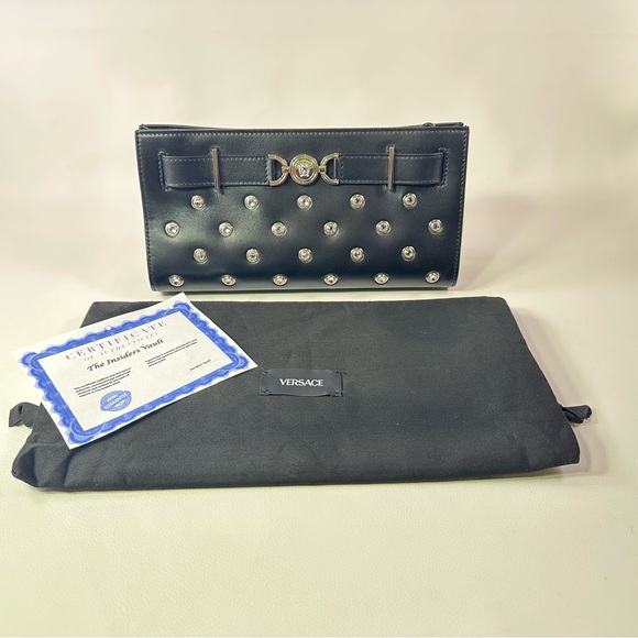 NEW! Versace Crystal Medusa 95 Studded Clutch Black Lamb Leather - Picture 3 of 12